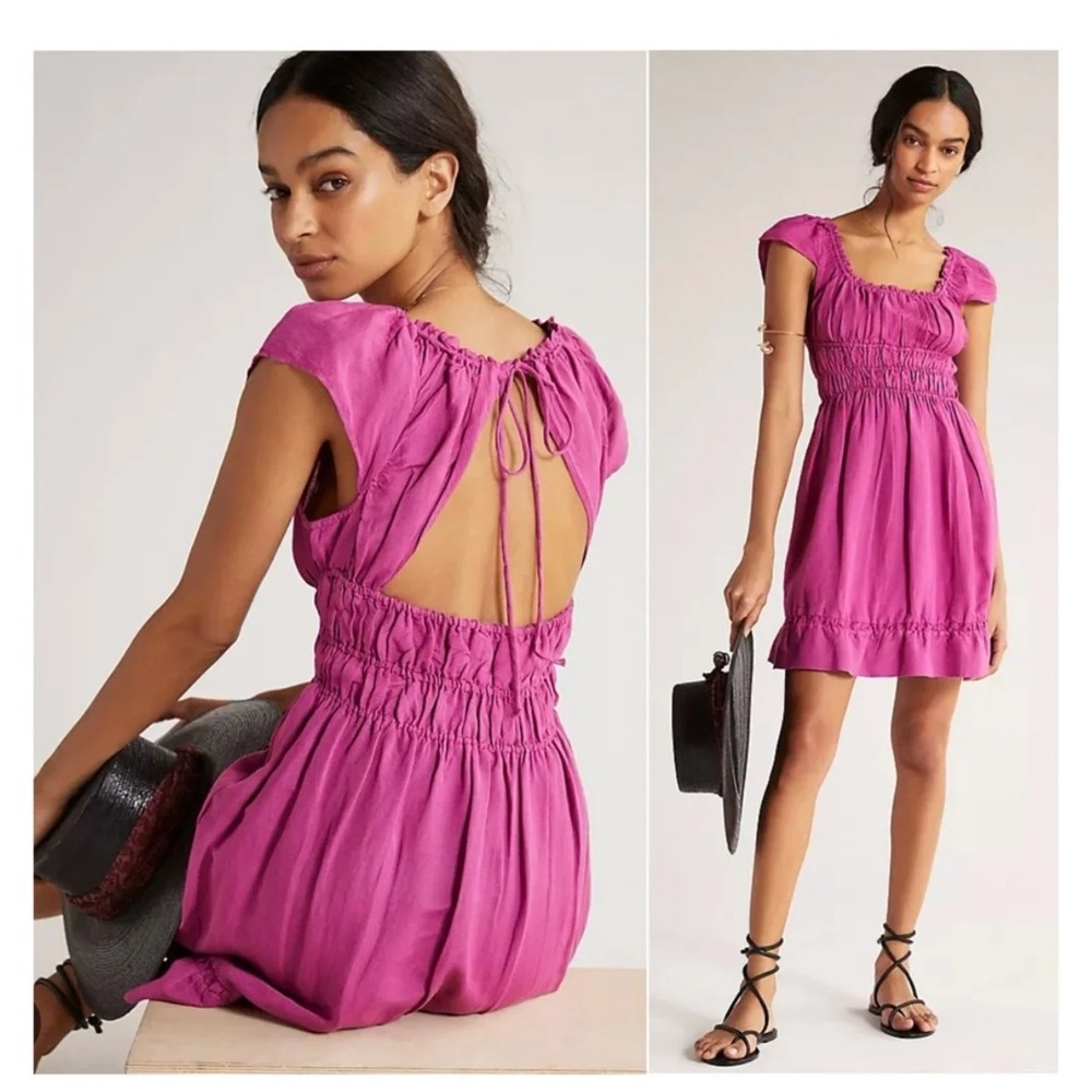Anthropologie Womens Linen Blend Dress Mini M Magenta Smocked Open Back Tie